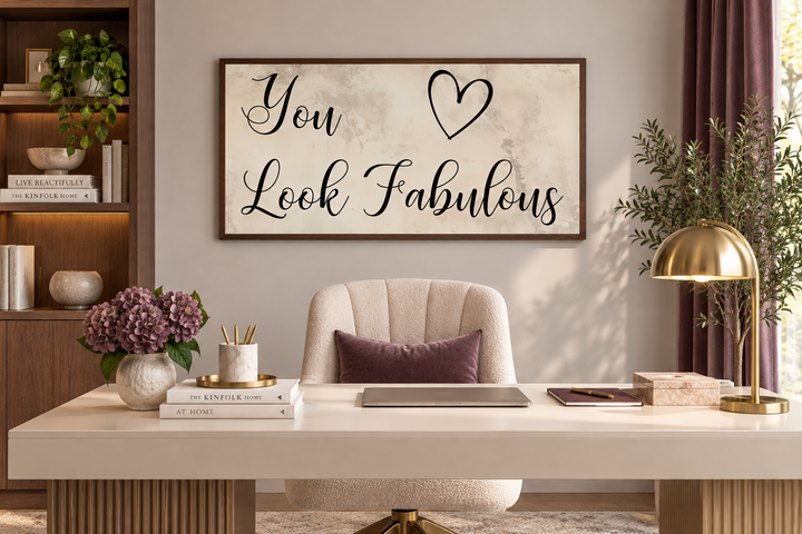 Framed canvas sign with 'You Look Fabulous' typography and a heart above a modern office desk.