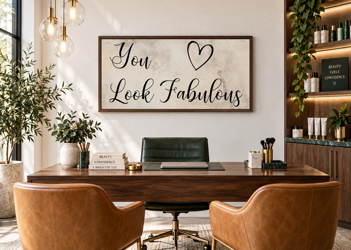 Framed canvas wall art with "You Look Fabulous" text and a heart in a modern salon office setting.