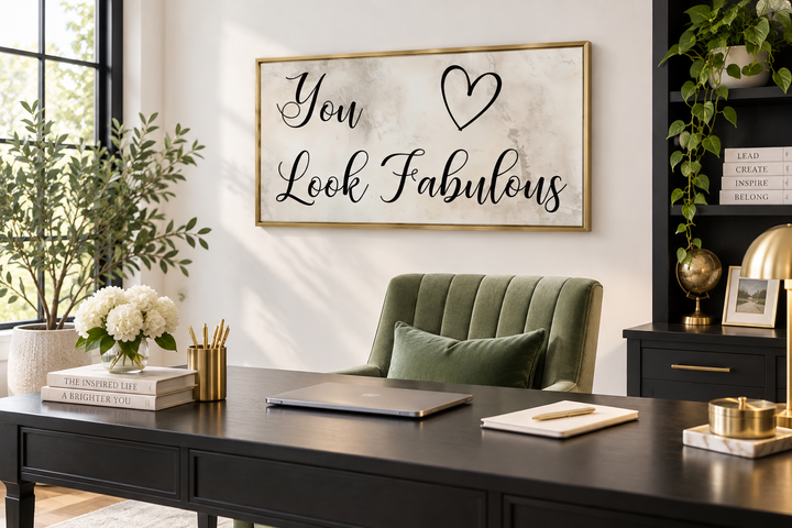 Hair salon wall art featuring 'You Look Fabulous' in black script on a beige canvas with gold frame.