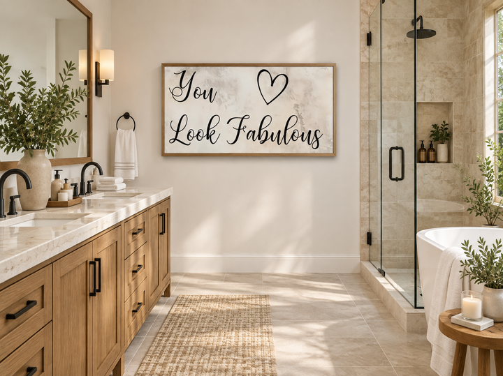 Framed canvas wall art with "You Look Fabulous" and a heart in a modern bathroom setting.