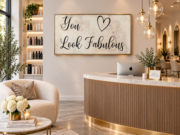 Framed canvas sign with 'You Look Fabulous' text and a heart in a modern hair salon reception area.