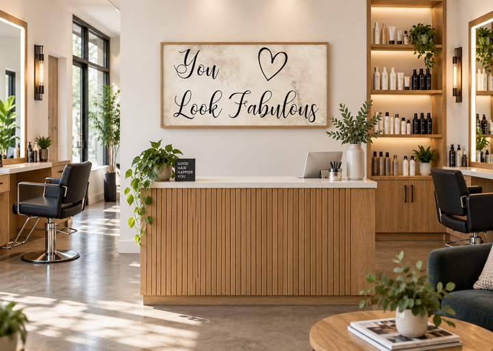 Hair salon reception with a framed canvas sign reading "You Look Fabulous" above a wooden desk.