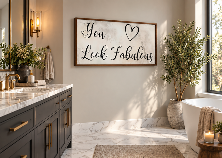 Hair salon wall art featuring "You Look Fabulous" text and a heart on a framed canvas sign.