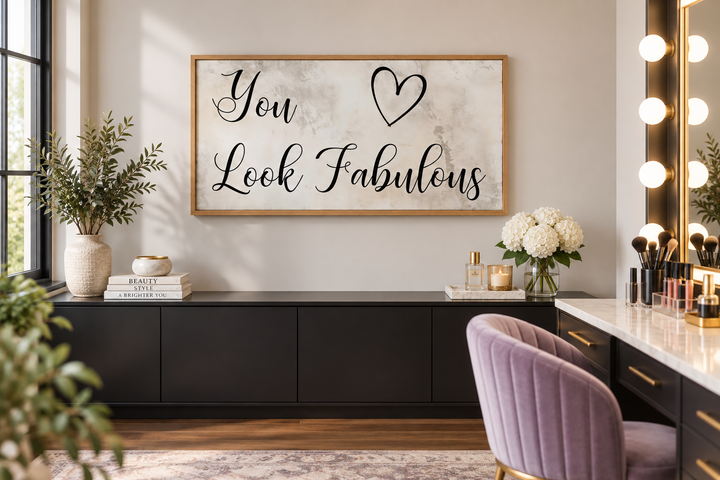 Framed canvas sign with 'You Look Fabulous' text and a heart in a modern beauty salon setting.