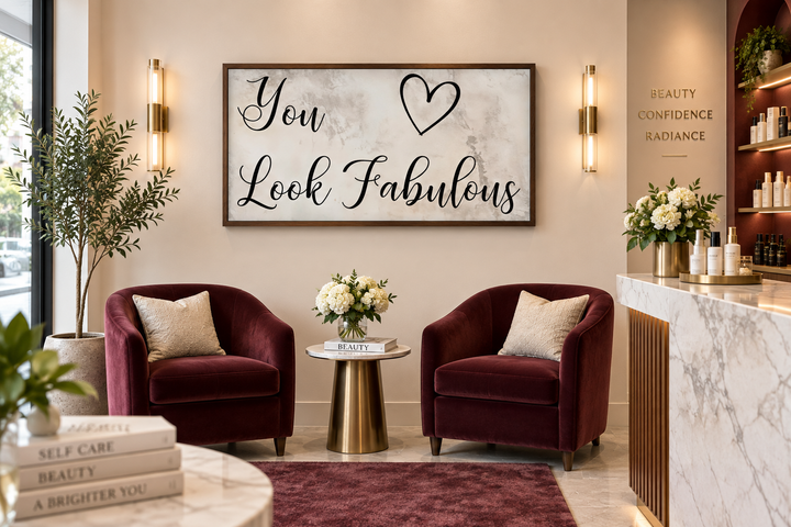 Framed canvas sign with "You Look Fabulous" and a heart above two velvet chairs in a beauty salon.