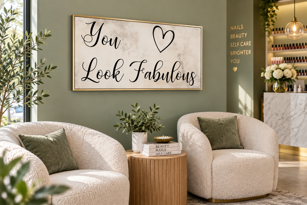 Framed canvas sign with 'You Look Fabulous' text and a heart in a stylish salon waiting area.