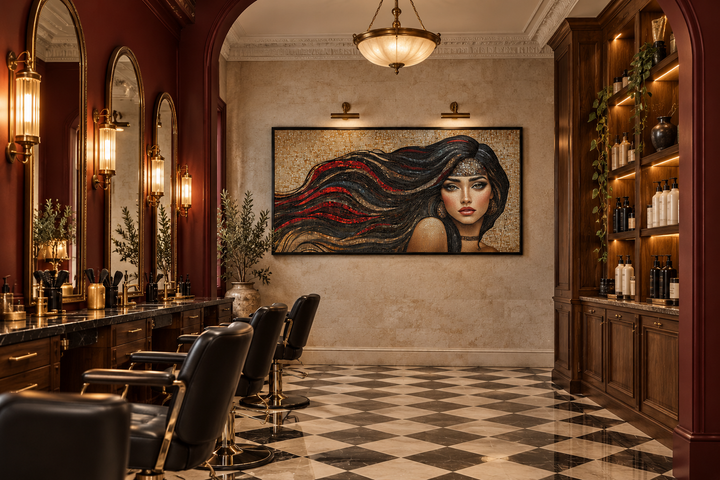 Mosaic canvas art of a woman with long flowing hair in a stylish hair salon setting.