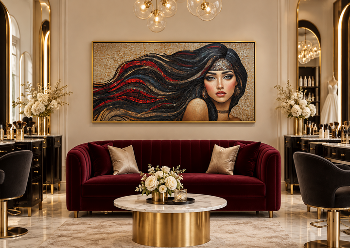 Mosaic canvas art of a woman with long flowing hair in a stylish hair salon setting.