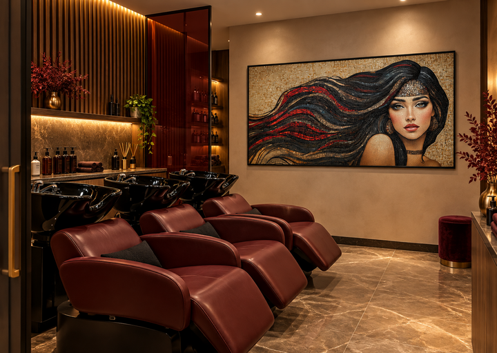 Mosaic canvas art of a woman with long flowing hair in a modern hair salon setting.