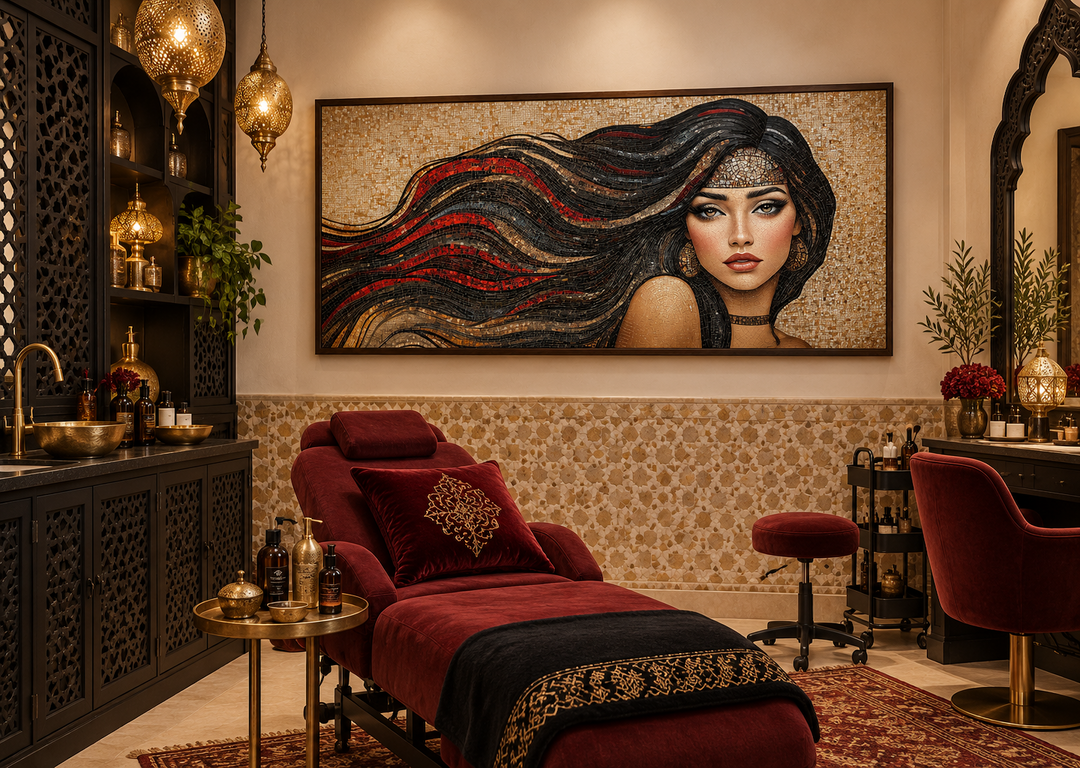 Mosaic canvas art of a woman with long flowing hair in a salon with a red velvet treatment chair.