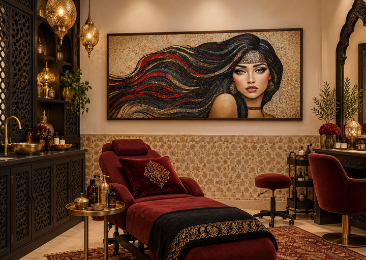 Mosaic canvas art of a woman with long flowing hair in a salon with a red velvet treatment chair.