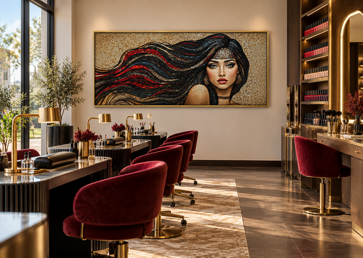 Mosaic canvas art of a woman with long flowing hair in a modern hair salon setting.