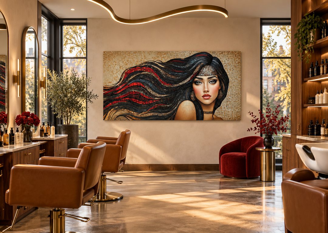 Mosaic canvas art of a woman with long flowing hair displayed in a modern hair salon setting.