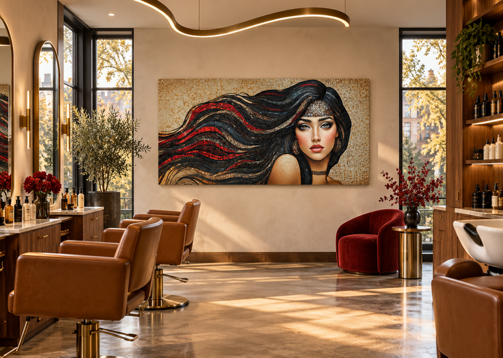Mosaic canvas art of a woman with long flowing hair displayed in a modern hair salon setting.
