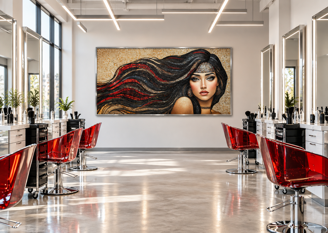 Mosaic canvas art of a woman with long flowing hair in a modern hair salon setting.