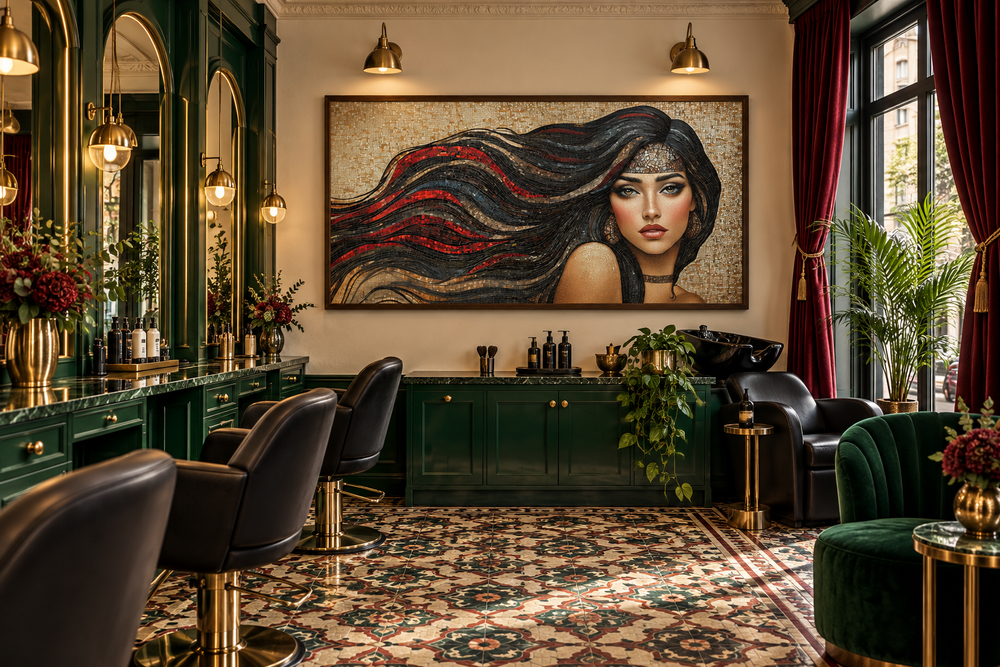 Mosaic canvas art of a woman with long flowing hair in a green and gold hair salon setting.