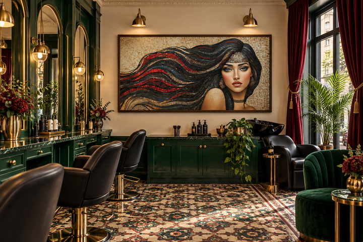 Mosaic canvas art of a woman with long flowing hair in a green and gold hair salon setting.