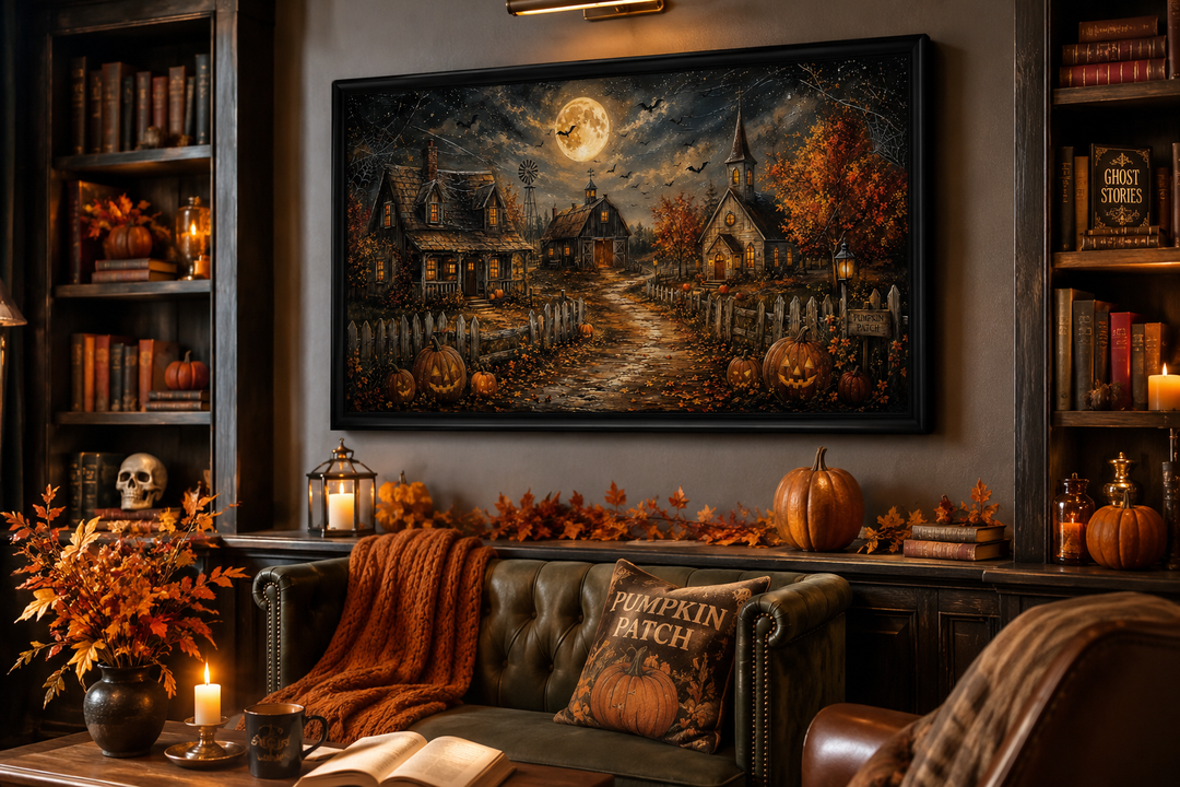 Framed Halloween farm wall art with pumpkins, bats, and a full moon above a cozy living room sofa.