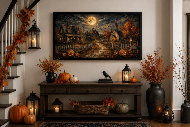 Framed Halloween farm wall art featuring pumpkins, bats, and a full moon above a console table.