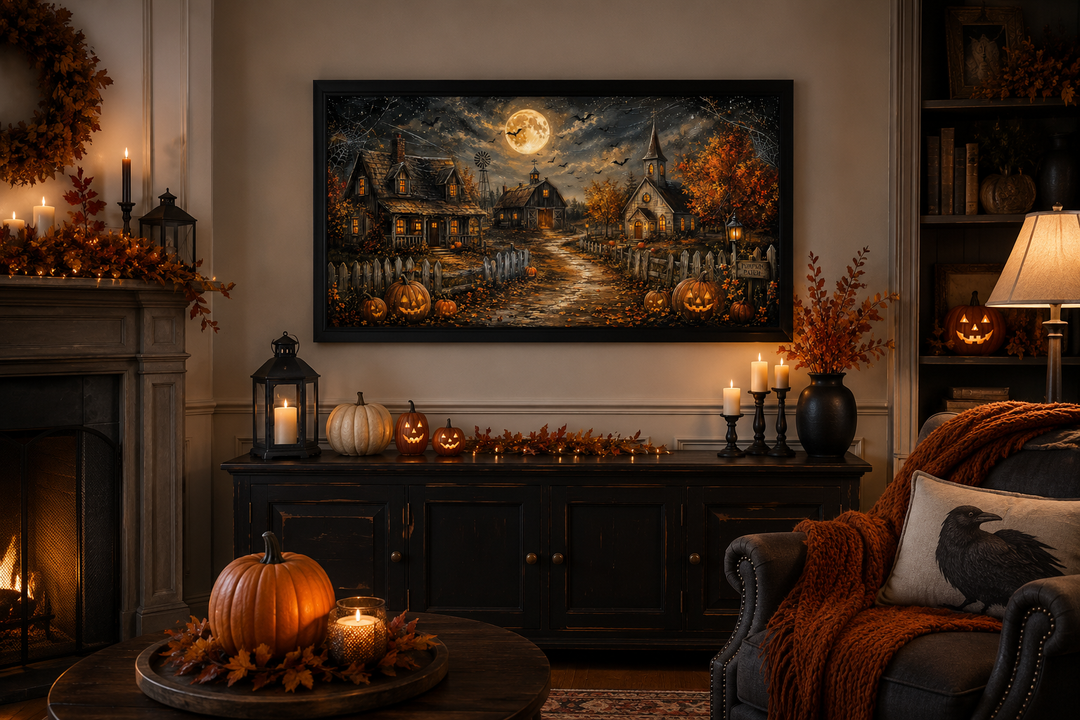 Framed Halloween wall art of a rustic farm scene with pumpkins, bats, and a full moon.