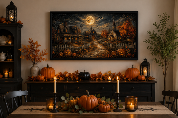 Framed Halloween farm wall art with pumpkins, bats, and a full moon above a decorated sideboard.