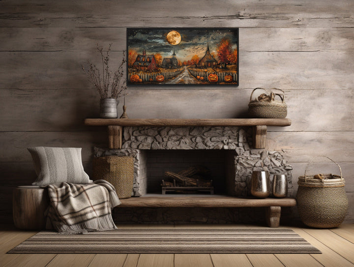 Halloween Farm Wall Art - Rustic Pumpkin Wall Decor With Full Moon & Bats