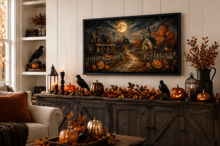 Framed Halloween farm wall art with pumpkins, bats, and a full moon above a decorated sideboard.