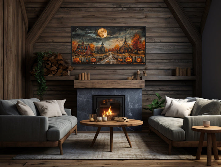 Halloween Farm Wall Art - Rustic Pumpkin Wall Decor With Full Moon & Bats