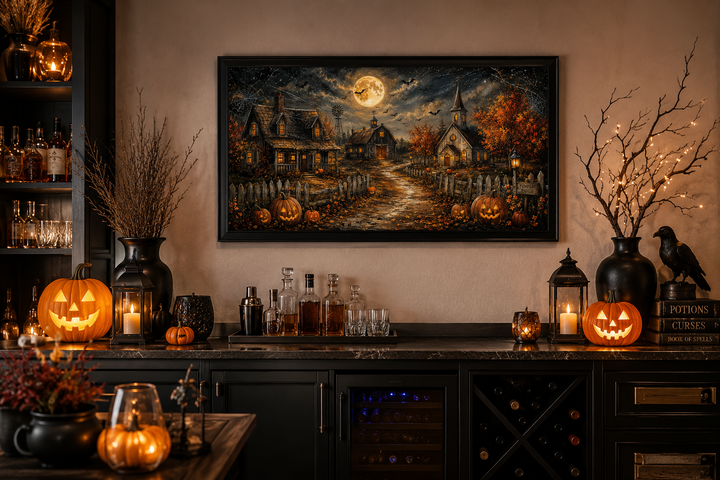 Framed Halloween farm wall art featuring pumpkins, bats, and a full moon over a rustic home bar.