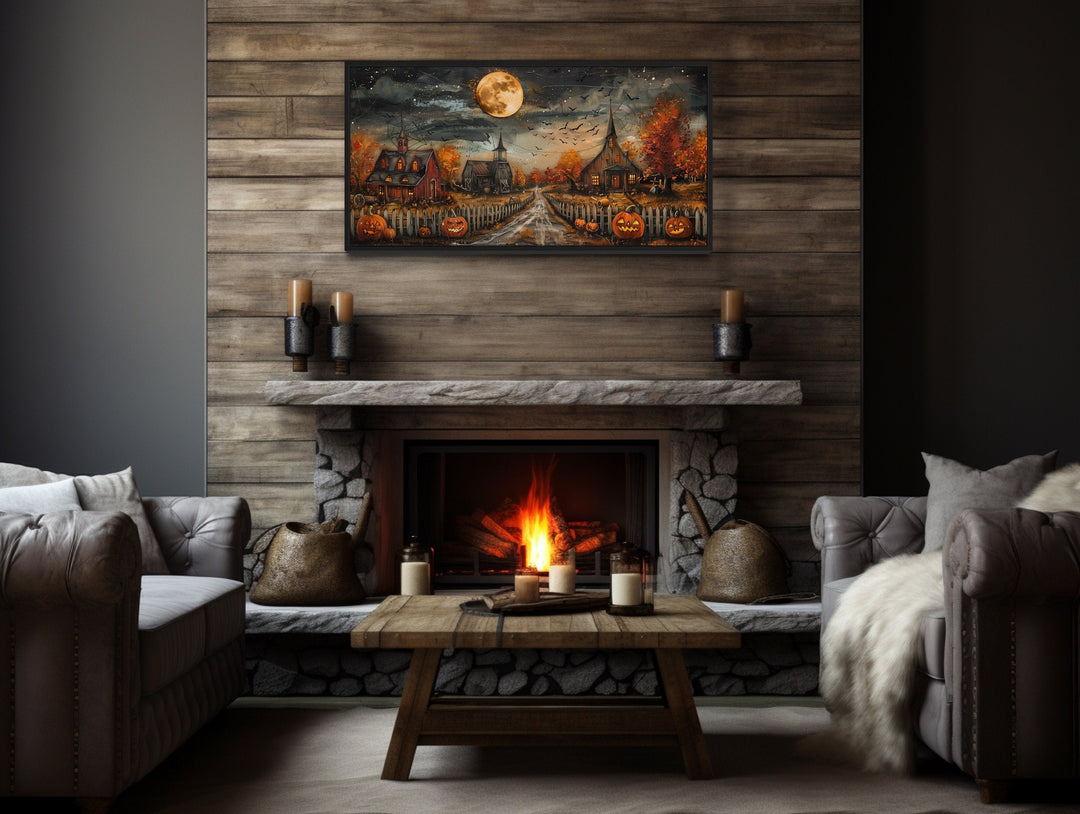 Halloween Farm Wall Art - Rustic Pumpkin Wall Decor With Full Moon & Bats