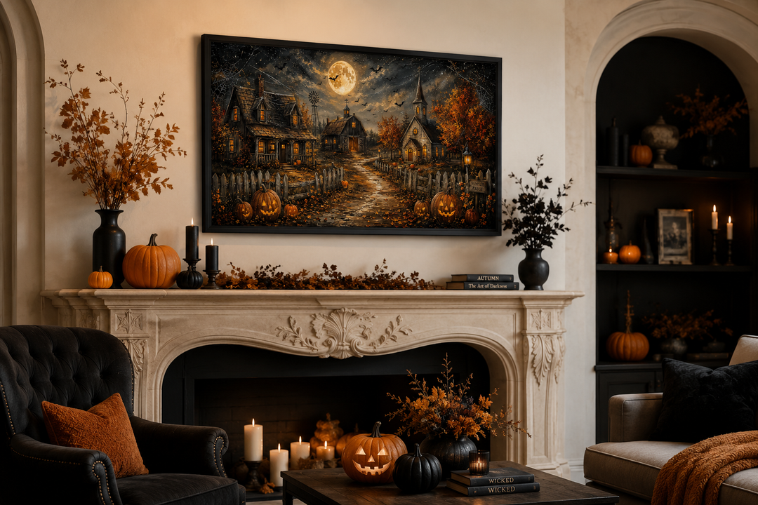 Framed Halloween farm wall art with pumpkins, bats, and a full moon displayed above a fireplace.