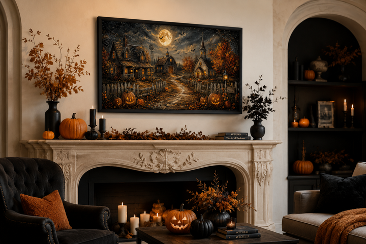 Framed Halloween farm wall art with pumpkins, bats, and a full moon displayed above a fireplace.