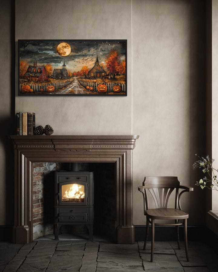 Halloween Farm Wall Art - Rustic Pumpkin Wall Decor With Full Moon & Bats