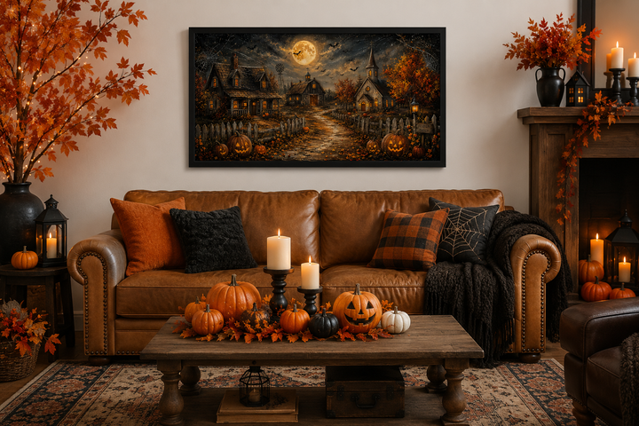 Framed Halloween farm wall art with pumpkins, bats, and a full moon above a cozy living room sofa.