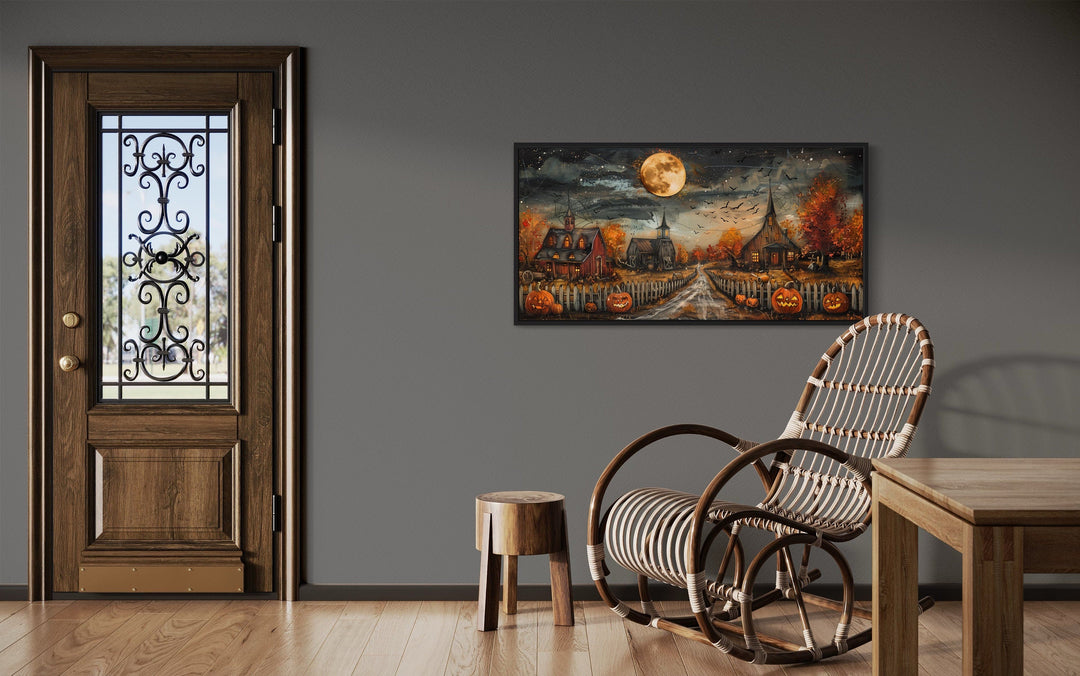 Halloween Farm Wall Art - Rustic Pumpkin Wall Decor With Full Moon & Bats
