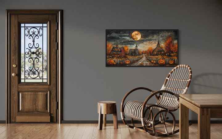Halloween Farm Wall Art - Rustic Pumpkin Wall Decor With Full Moon & Bats