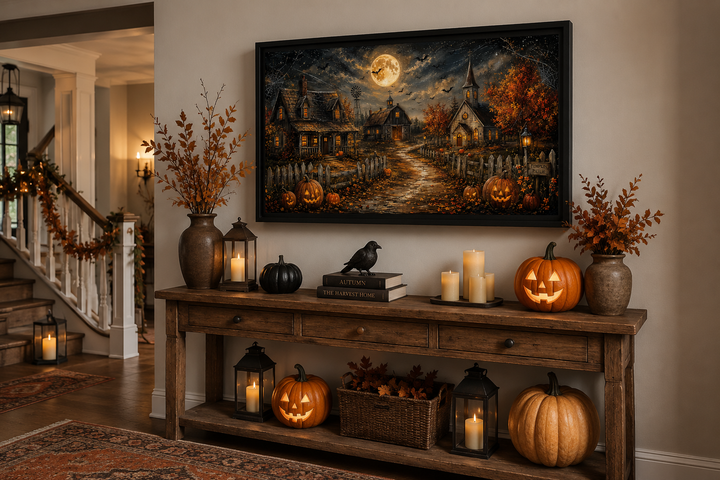 Framed Halloween farm wall art with pumpkins, bats, and a full moon above a decorated console table.