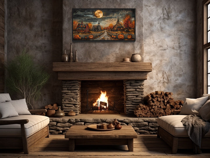 Halloween Farm Wall Art - Rustic Pumpkin Wall Decor With Full Moon & Bats