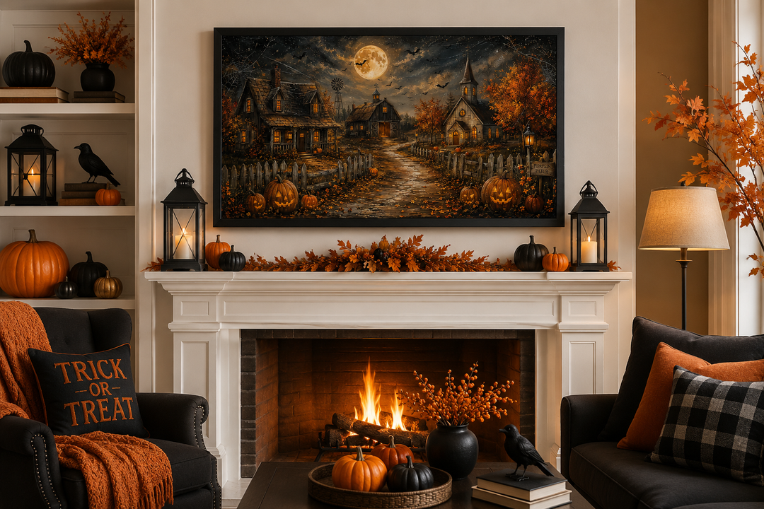 Framed Halloween farm wall art with pumpkins, bats, and a full moon displayed over a fireplace.
