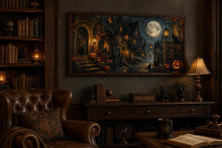 Halloween Village Canvas wall art with a black cat and full moon in a gothic study setting.