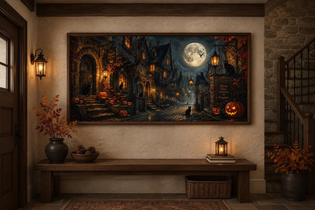 Halloween Village canvas art with black cats, jack-o-lanterns, and a full moon in a gothic setting.