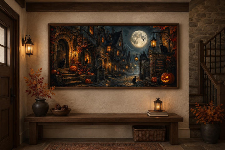 Halloween Village canvas art with black cats, jack-o-lanterns, and a full moon in a gothic setting.