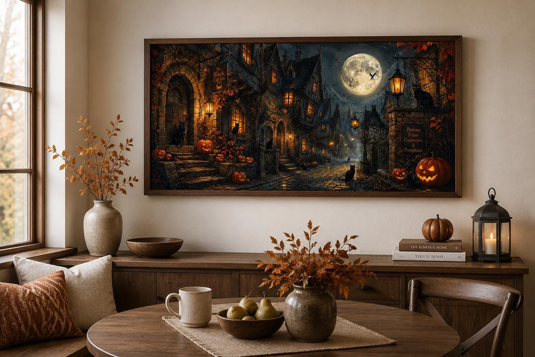 Halloween Village Canvas wall art with a black cat and full moon scene in a gothic room setting.