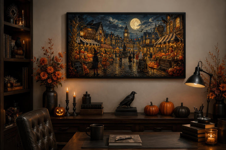 Halloween Village canvas print of trick-or-treating kids in a spooky town above a decorated desk.