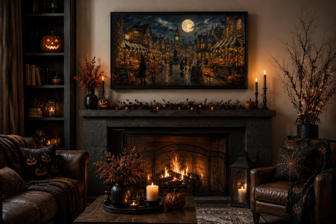 Halloween Village canvas print of trick-or-treating kids in a moonlit town above a fireplace.
