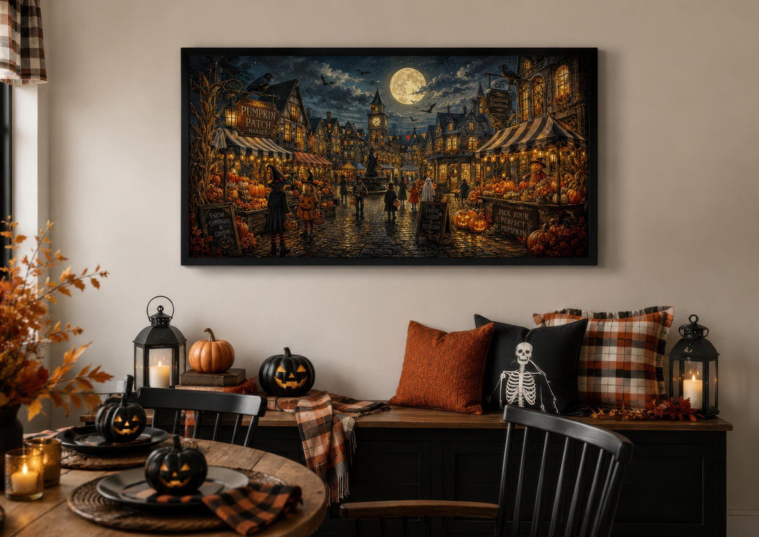 Halloween Village wall art canvas print showing trick-or-treating kids in a spooky town at night.