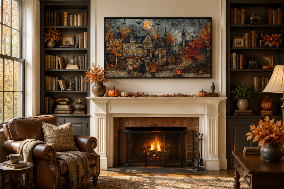 Framed canvas art of children trick-or-treating in a decorated village above a cozy fireplace.