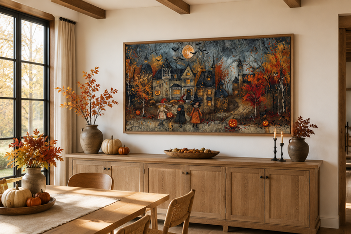 Halloween wall art of children trick-or-treating in a decorated village on a framed canvas.