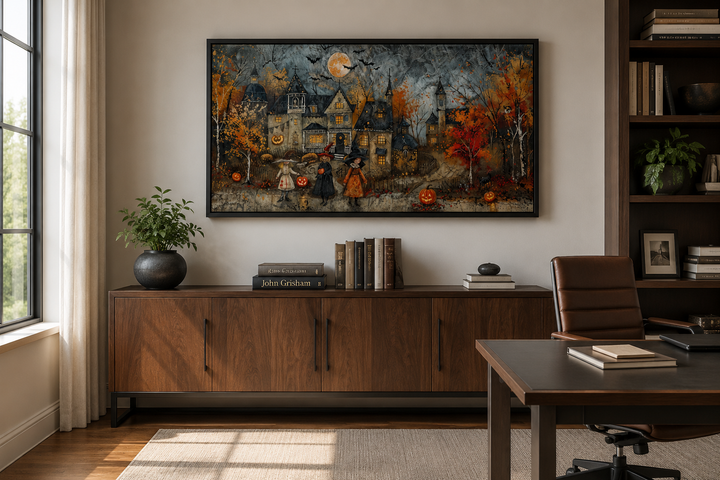 Halloween wall art of costumed children trick-or-treating in a whimsical village on canvas.