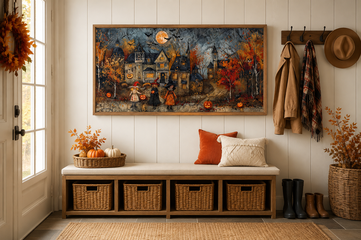 Halloween wall art of children trick-or-treating in a whimsical village, framed above a bench.